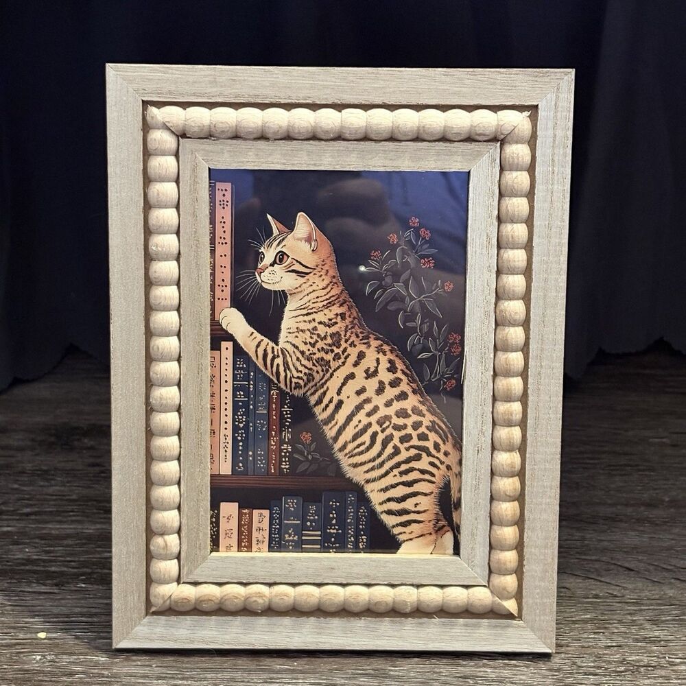 Bengal Tabby Cat Artwork Picture Light Wood Tone 6.25x8 Frame